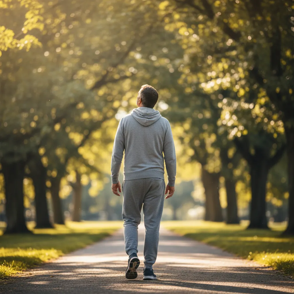 Anonieme actieve man van achteren gezien op zonnig parkpad, casual sportkleding